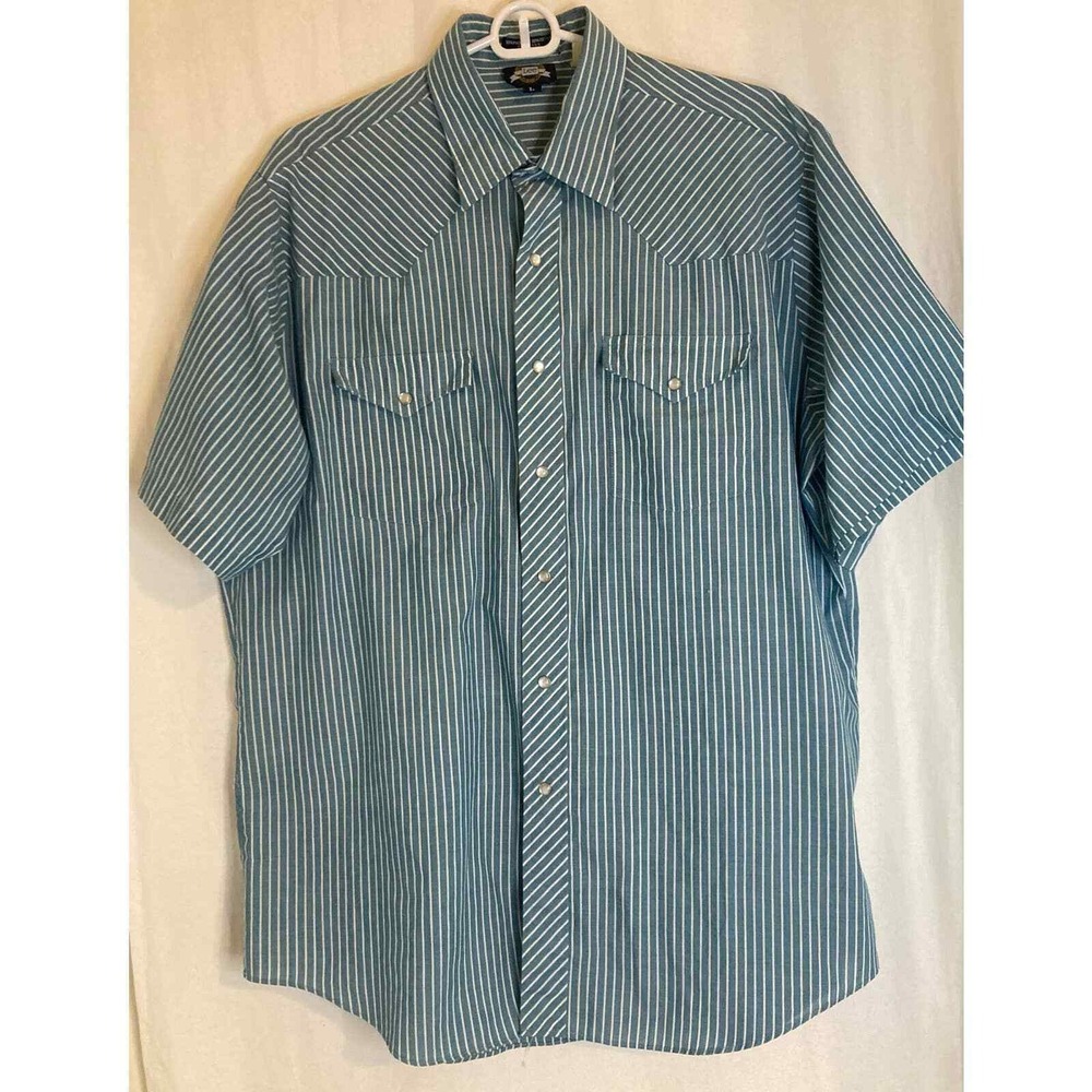Lee‎ Western Shirt Mens Large Blue White Striped Pearl Snap Short Sleeve